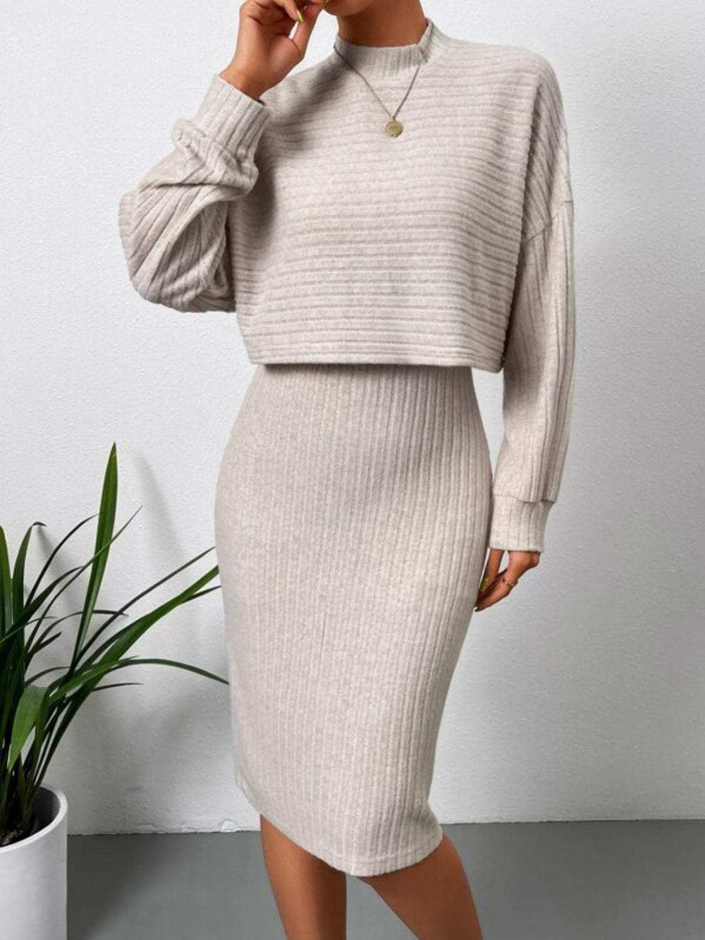 Mock Neck Long Sleeve Top and Wide Strap Dress Set - Trendsi - Flyclothing LLC