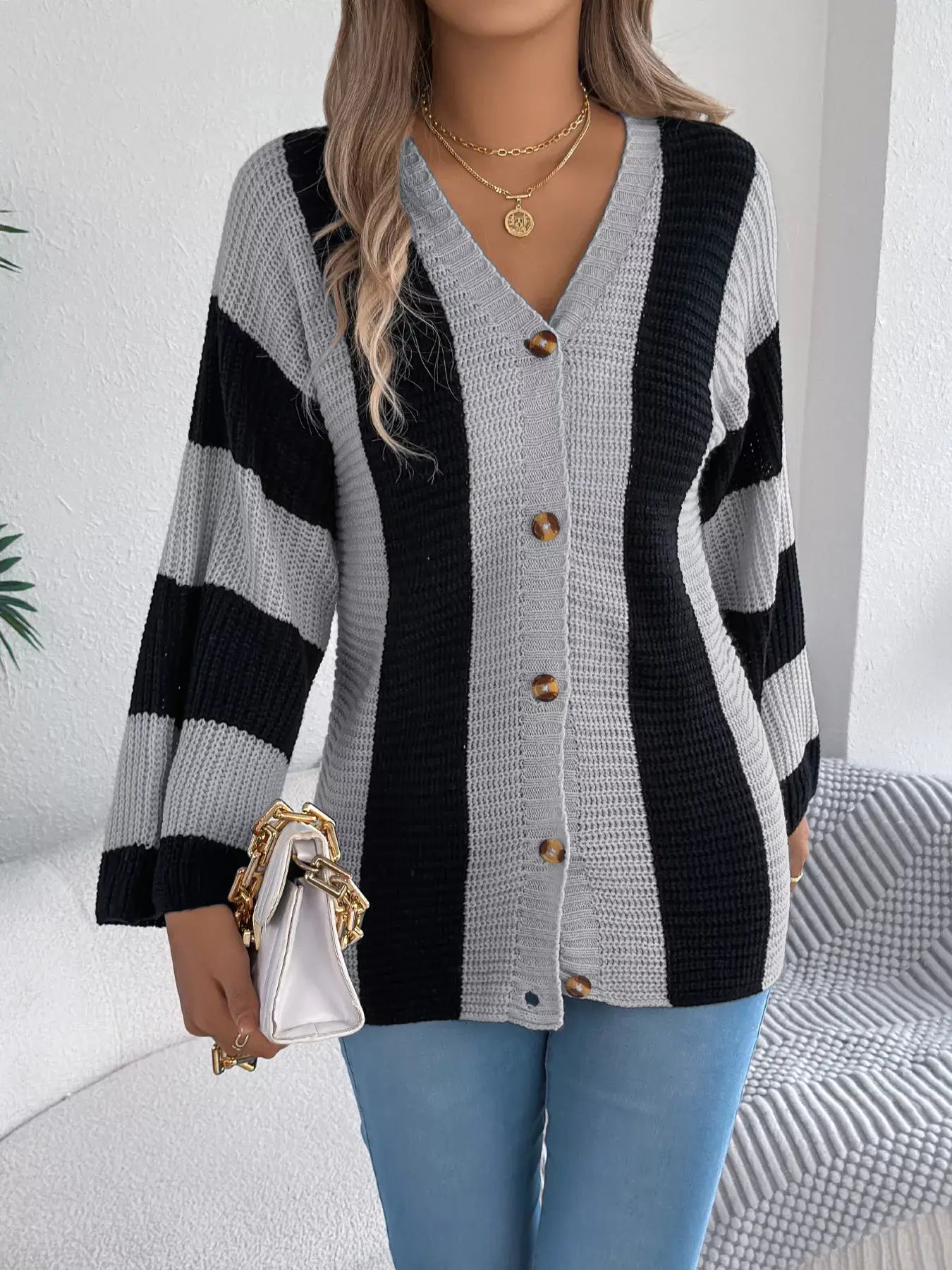 Color Block Button-Up Cardigan - Trendsi - Flyclothing LLC