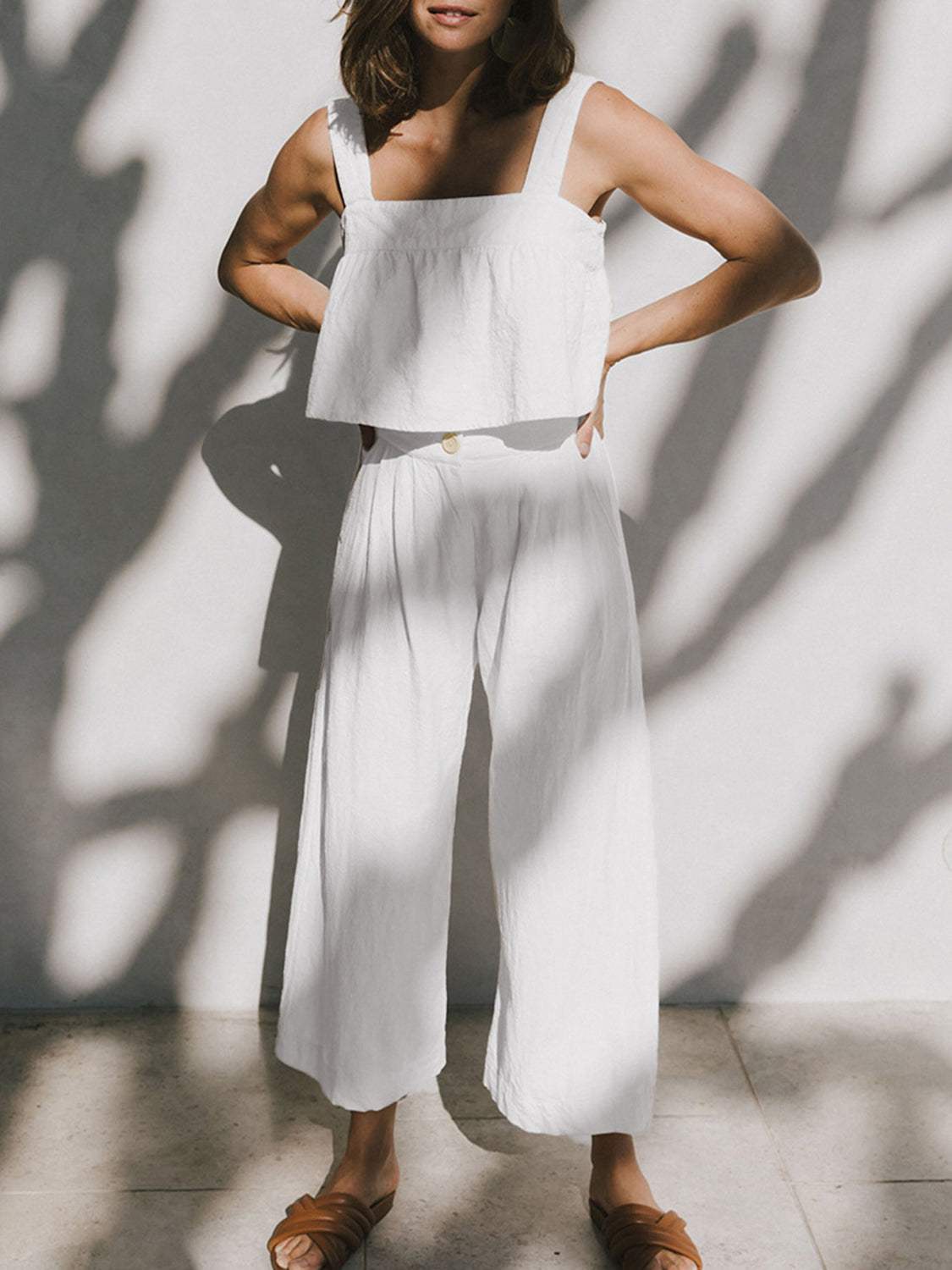 Square Neck Wide Strap Top and Pants Set - Trendsi - Flyclothing LLC