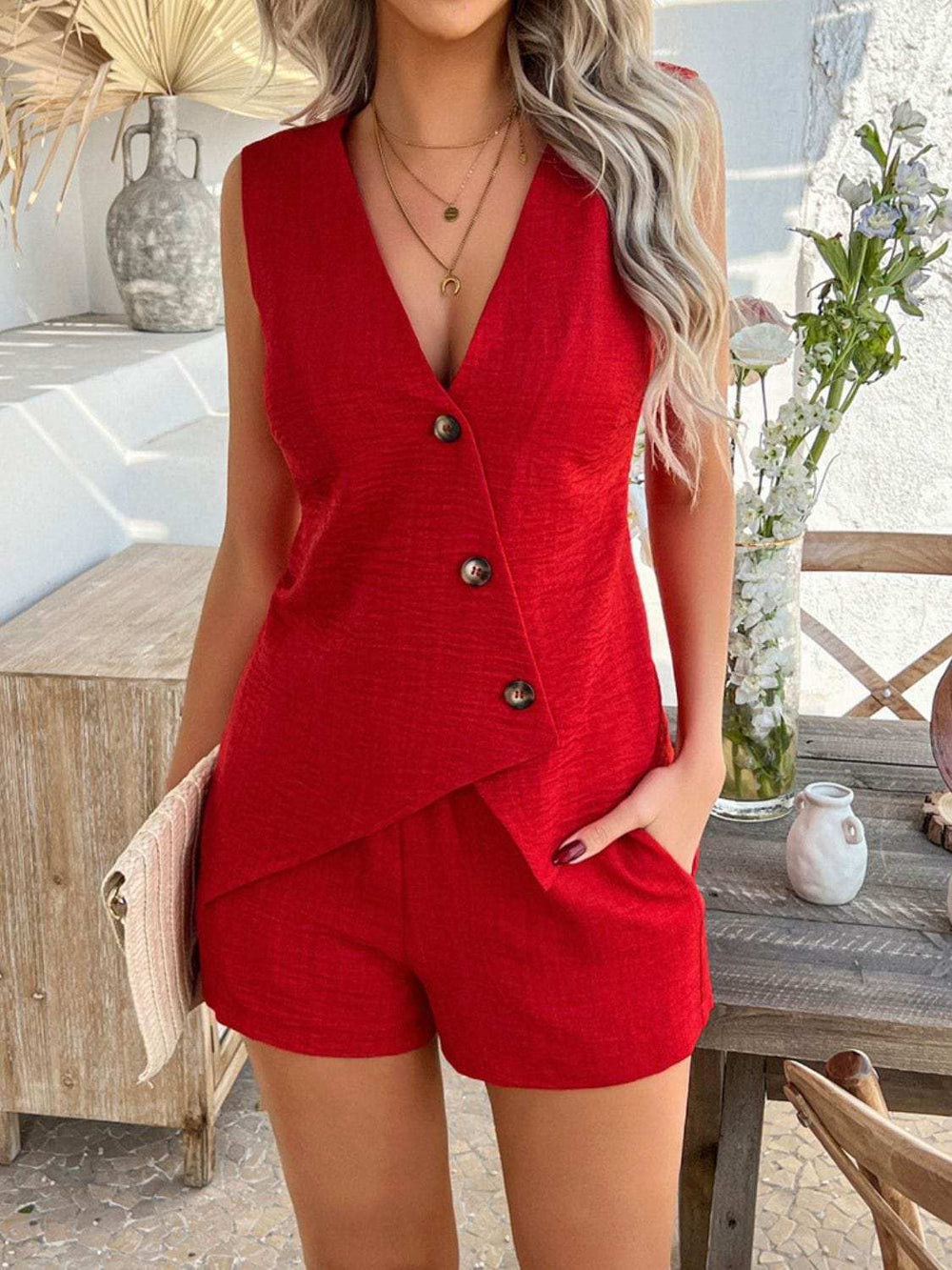 Devine Button Down Sleeveless Top and Shorts Set - Trendsi - Flyclothing LLC