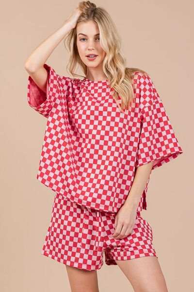 Ces Femme Checkered Round Neck Top and Shorts Set - Trendsi - Flyclothing LLC