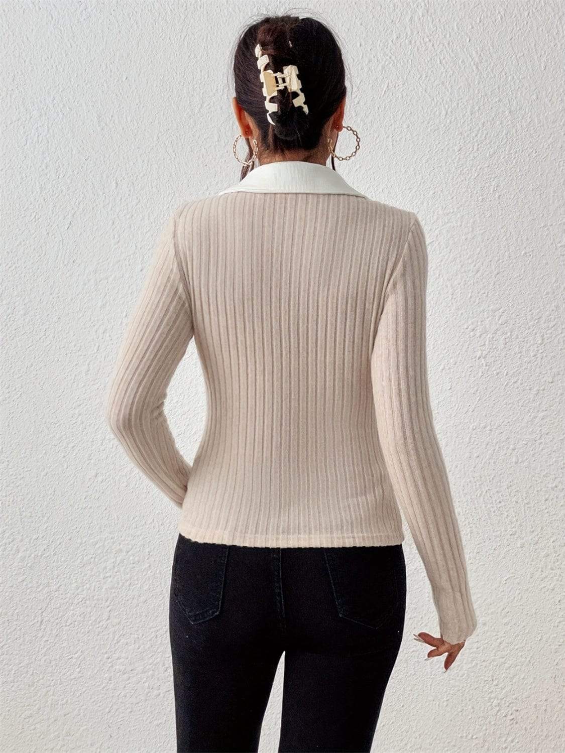 Johnny Collar Long Sleeve T-Shirt - Trendsi - Flyclothing LLC
