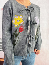 Floral Ribbed Hem Tie Front Cardigan - Trendsi - Flyclothing LLC