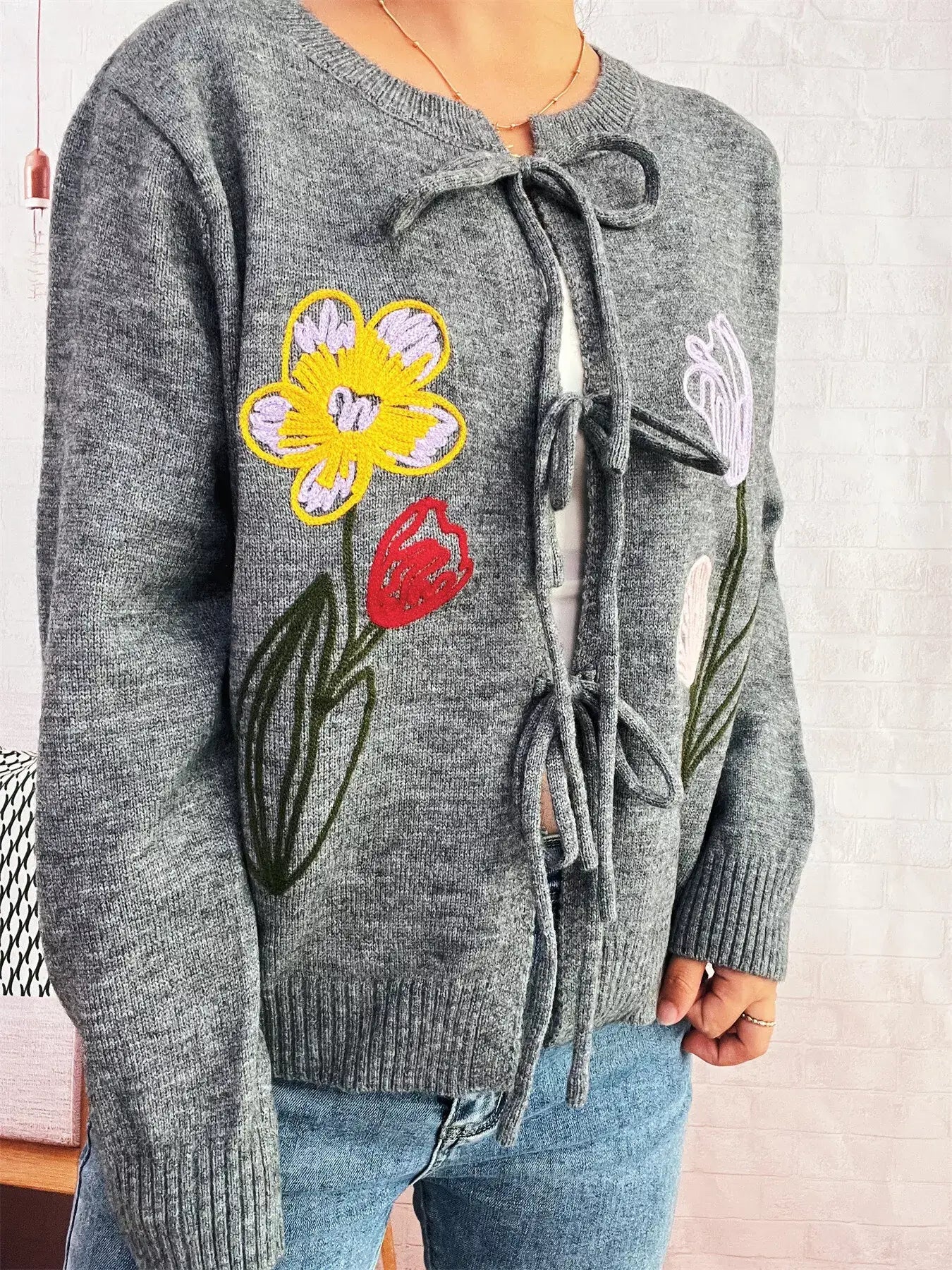 Floral Ribbed Hem Tie Front Cardigan - Trendsi - Flyclothing LLC