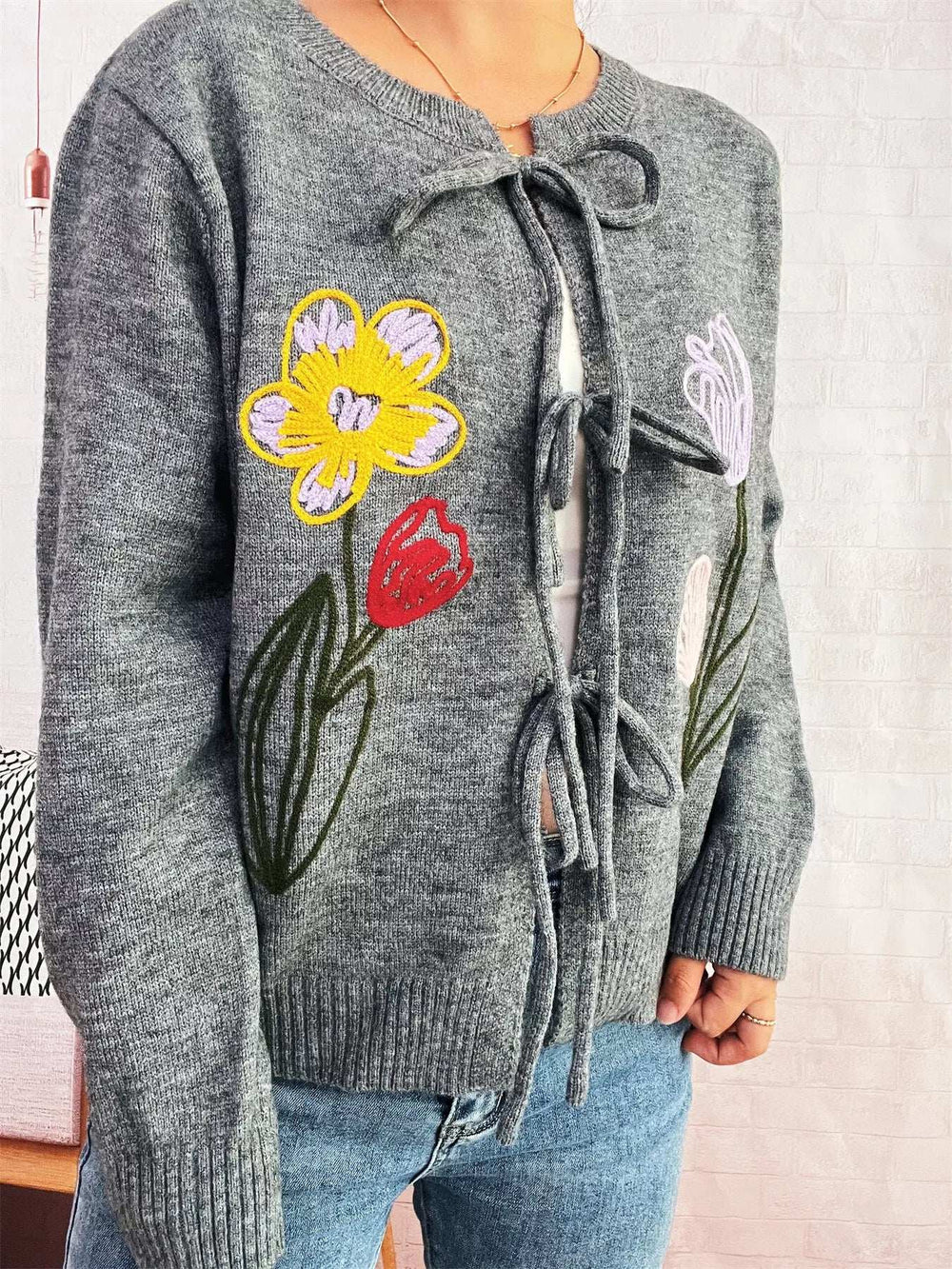 Floral Ribbed Hem Tie Front Cardigan - Trendsi - Flyclothing LLC