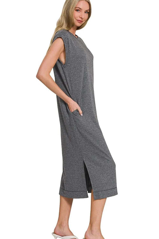 Zenana French Terry Sleeveless Round Neck Midi Dress - Trendsi - Flyclothing LLC