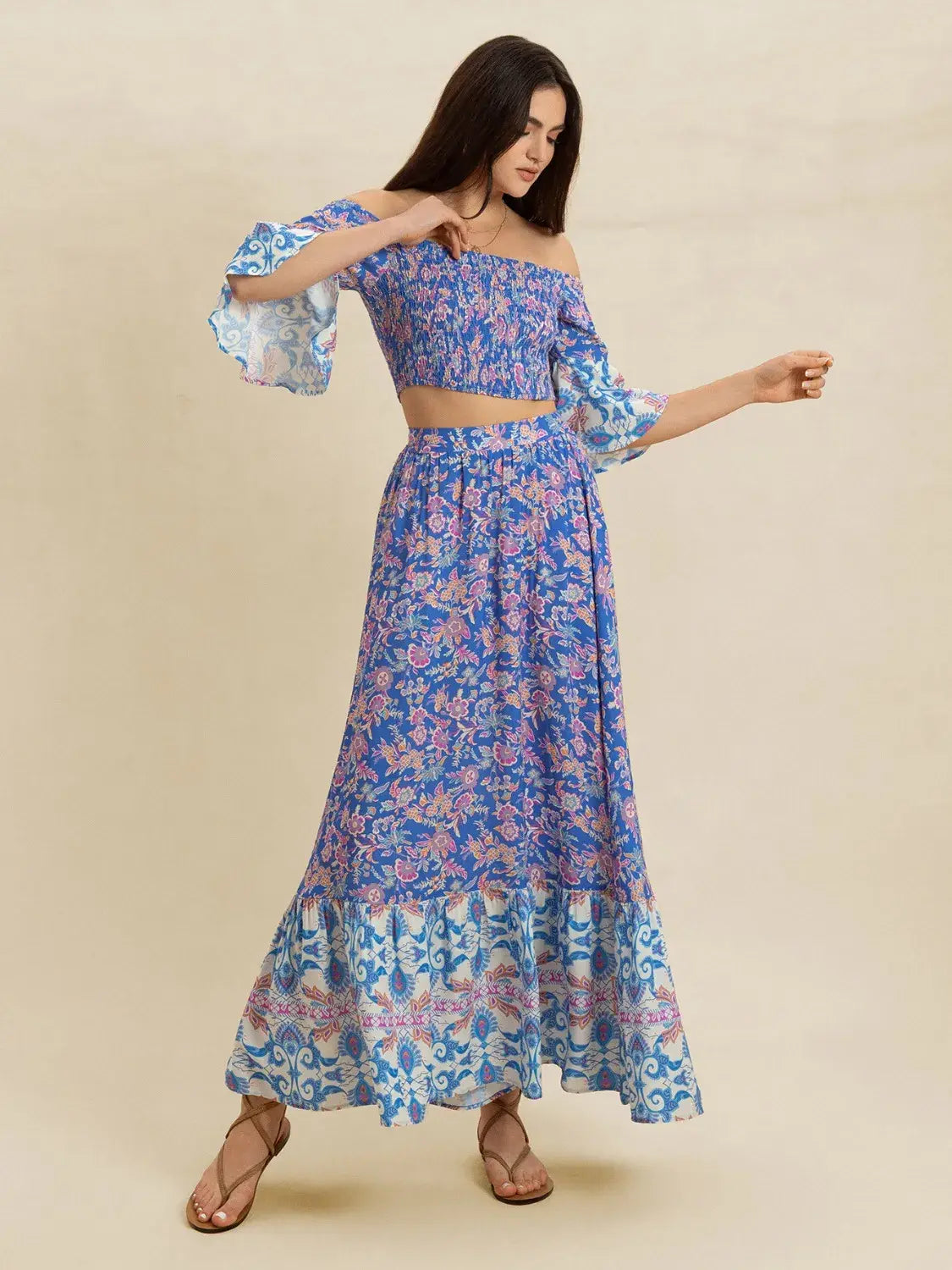 Smocked Off-Shoulder Printed Top and Skirt Set - Trendsi - Flyclothing LLC