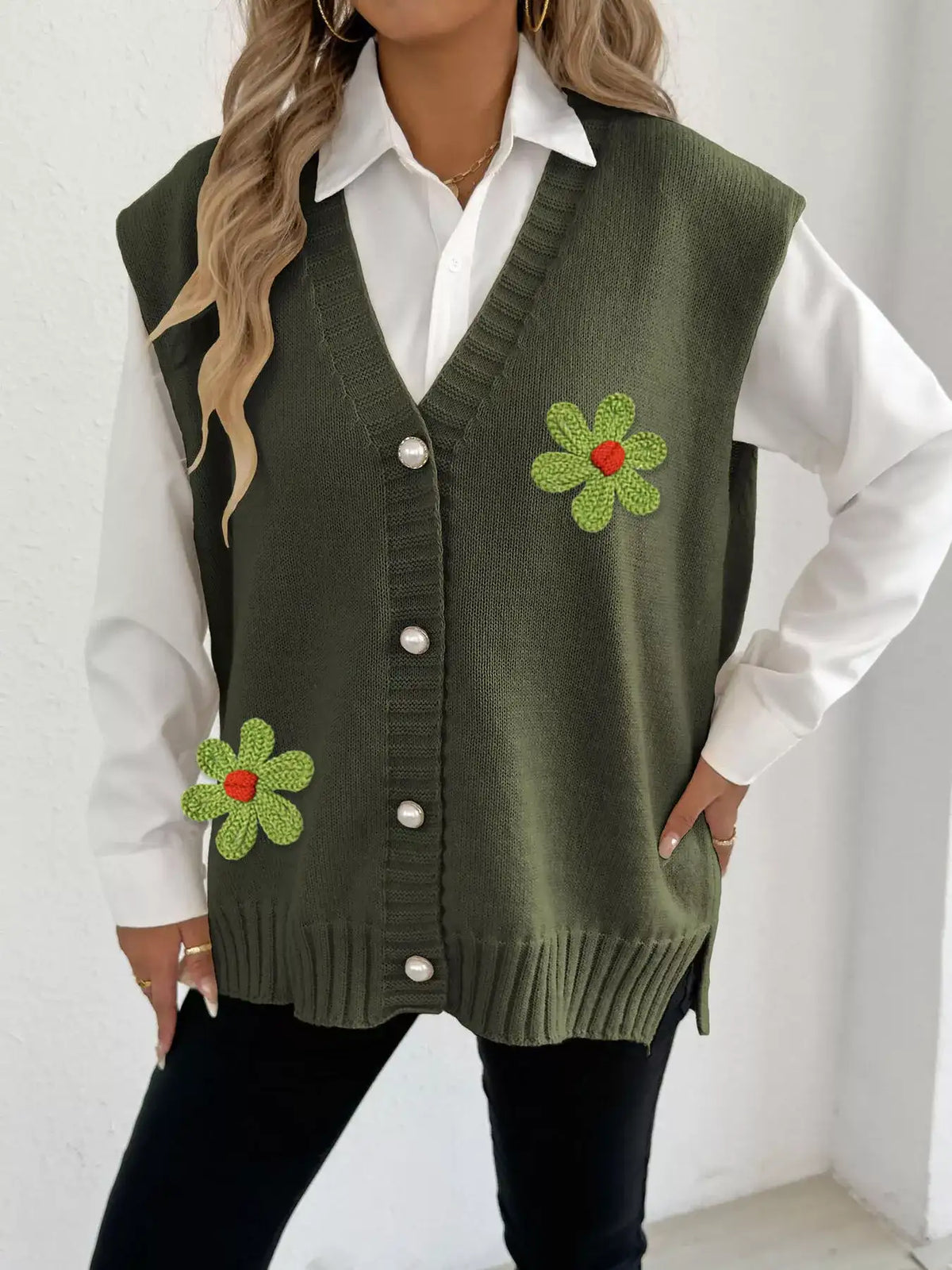 Flower V-Neck Sleeveless Cardigan - Trendsi - Flyclothing LLC