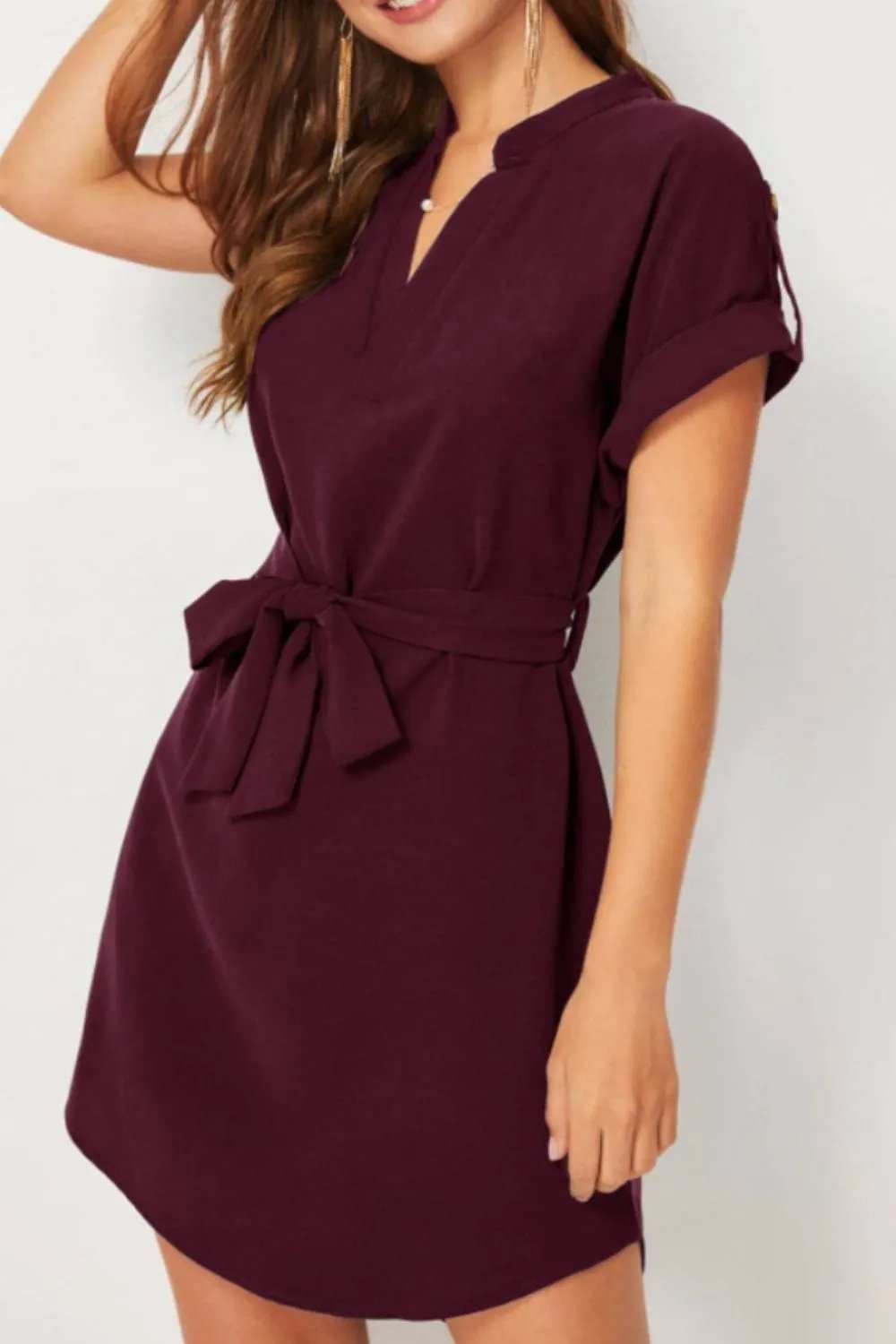 Tied Notched Short Sleeve Dress - Trendsi - Flyclothing LLC