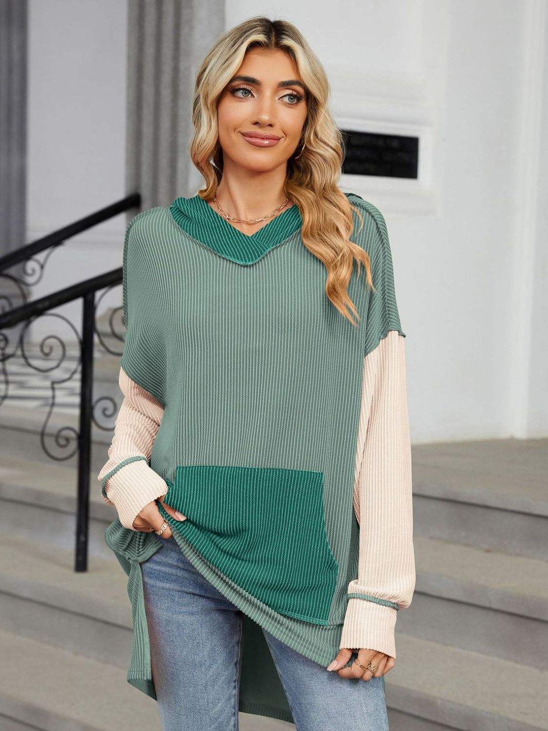 Double Take Contrast Hooded Long Sleeve Top - Trendsi - Flyclothing LLC