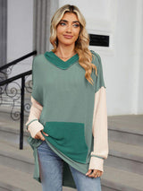 Double Take Contrast Hooded Long Sleeve Top - Trendsi - Flyclothing LLC