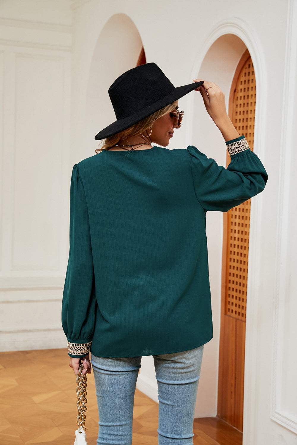Contrast Puff Sleeve Blouse - Trendsi - Flyclothing LLC