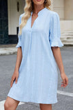 Jacquard Texture Flared Short Sleeve Notched Neck Mini Dress - Trendsi