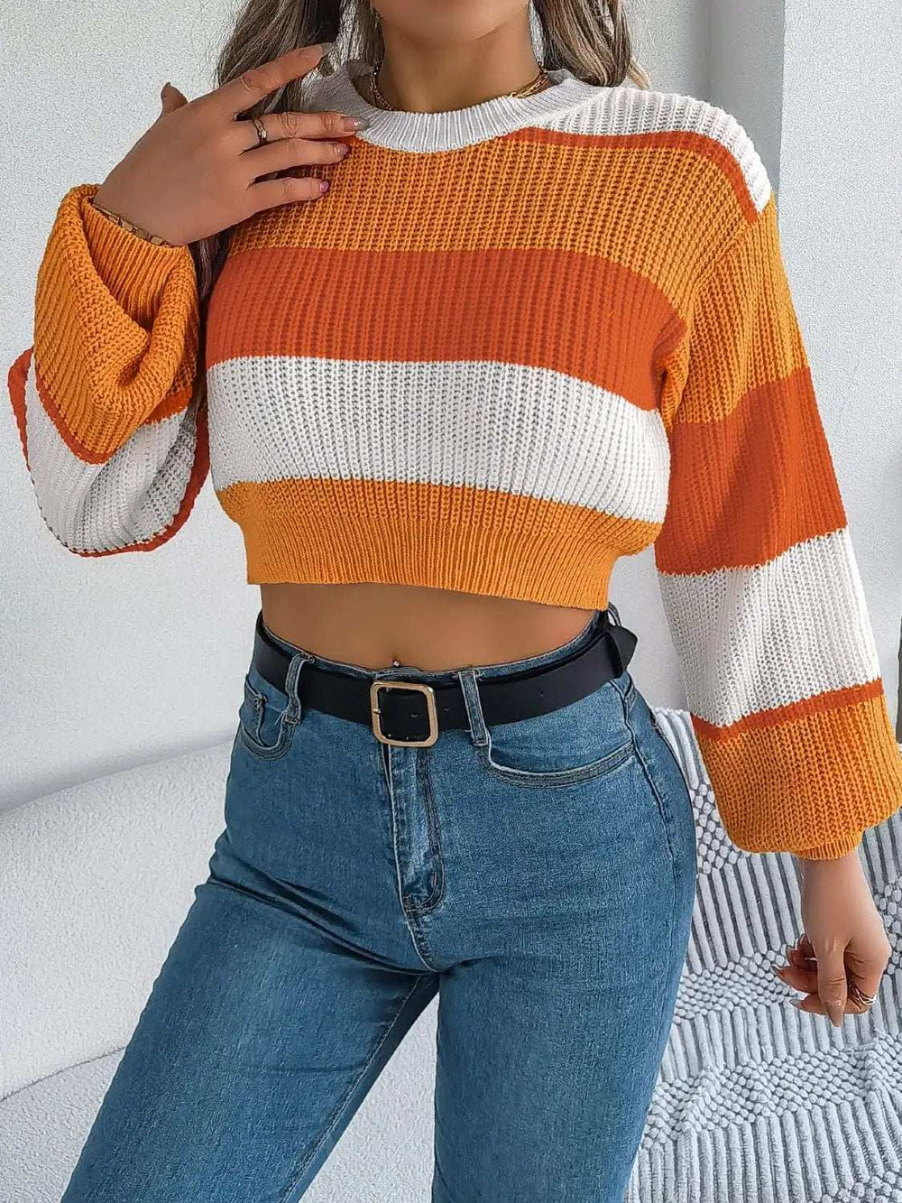 Color Block Round Neck Cropped Sweater - Trendsi - Flyclothing LLC