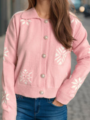 Pearl Trim Collared Neck Long Sleeve Cardigan - Trendsi