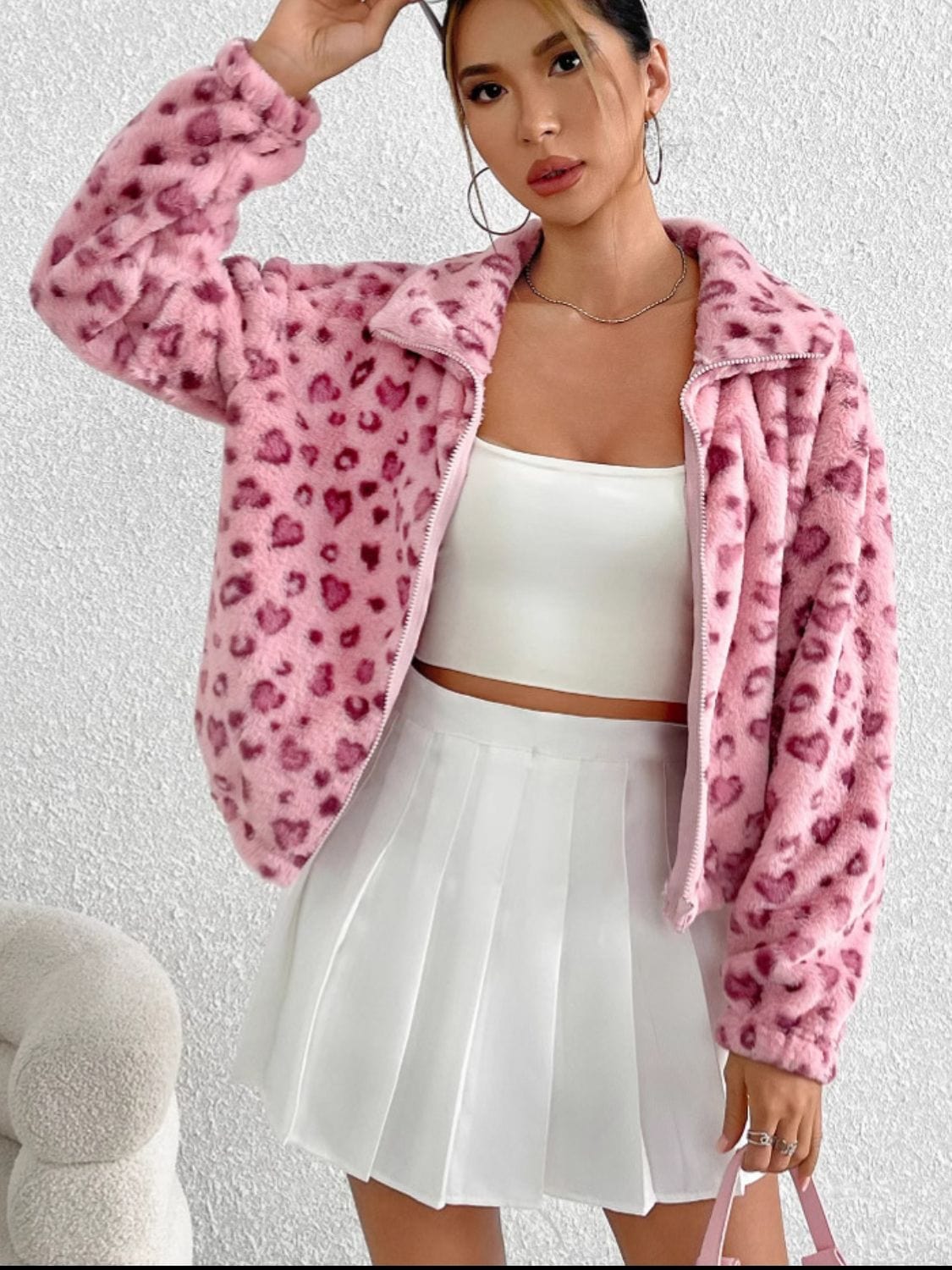 Leopard Zip Up Long Sleeve Furry Jacket - Trendsi