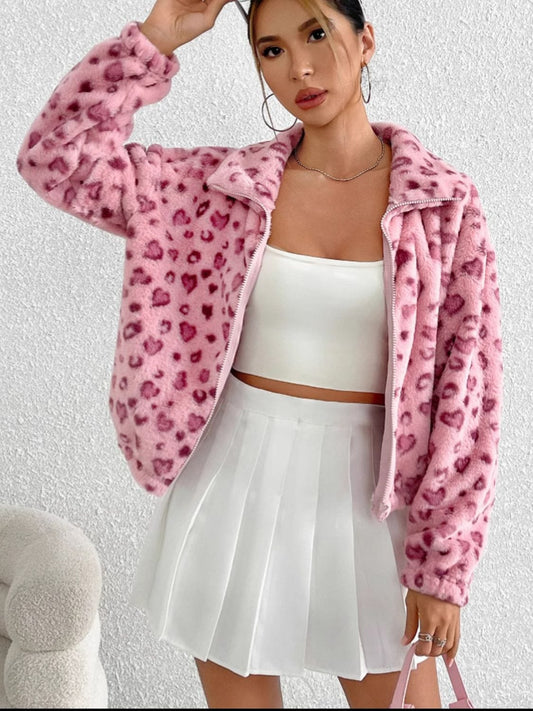Leopard Zip Up Long Sleeve Furry Jacket - Trendsi