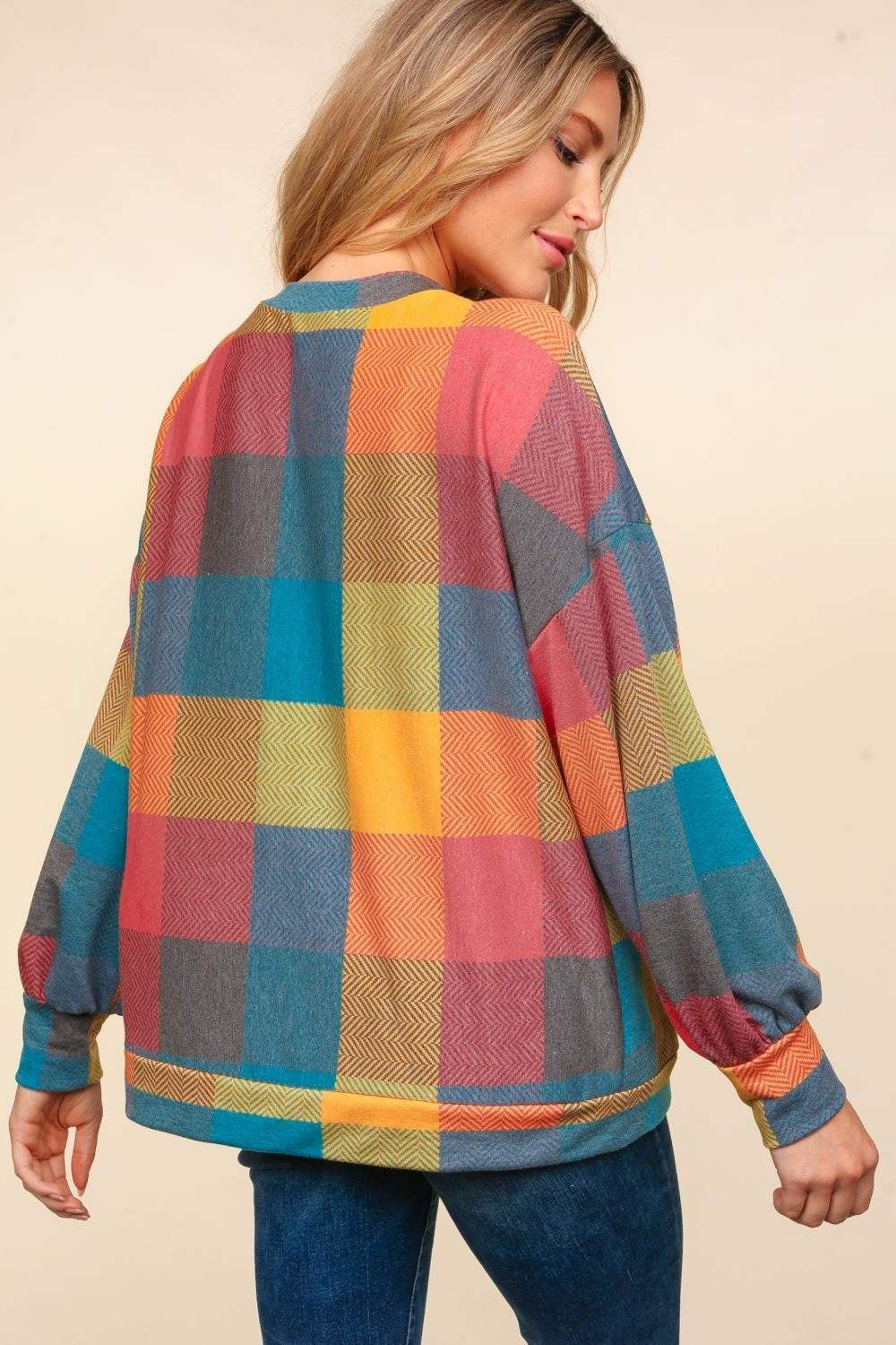 Haptics Round Neck Color Block Plaid Top - Trendsi - Flyclothing LLC