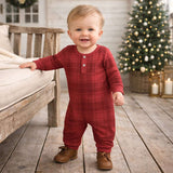Red Plaid Baby Boy Henley Romper In Soft Cotton Rib - Tesa Babe - Flyclothing LLC