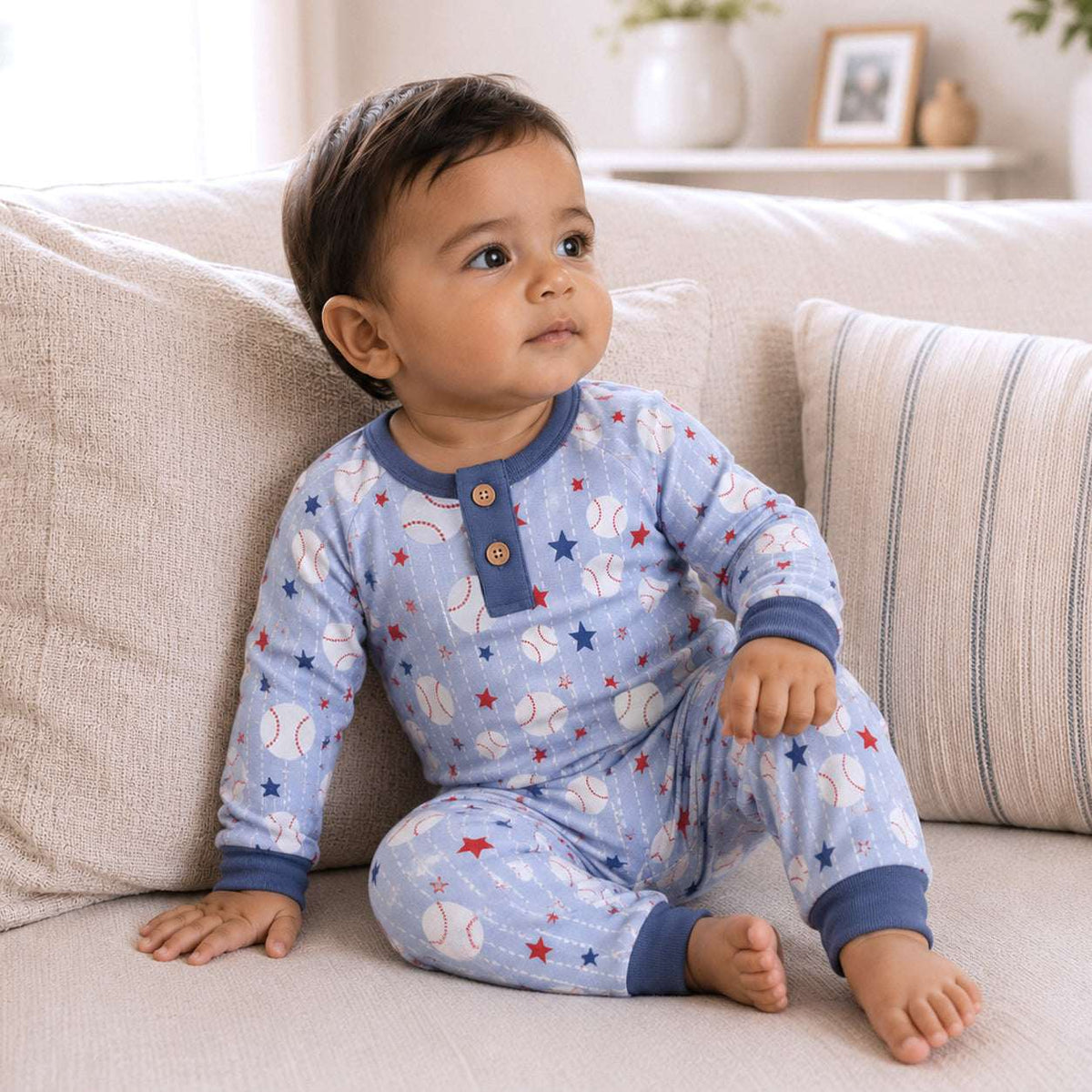 Grand Slam Bamboo Baseball Henley Romper for Baby Boys - Tesa Babe - Flyclothing LLC