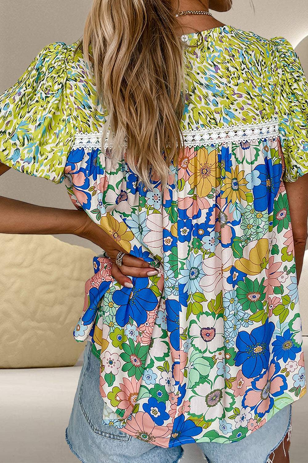Printed Round Neck Puff Sleeve Blouse - Trendsi - Flyclothing LLC