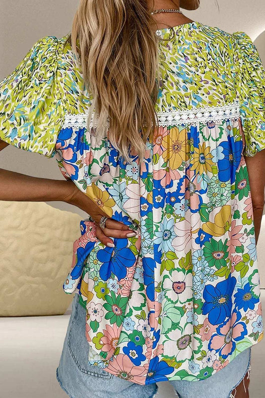 Printed Round Neck Puff Sleeve Blouse - Trendsi - Flyclothing LLC