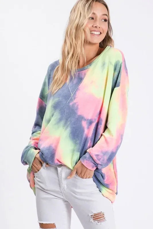 BiBi Tie Dye French Terry Print Top - Trendsi - Flyclothing LLC