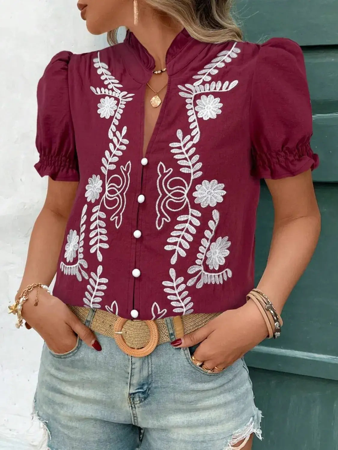 Embroidered Frill Notched Short Sleeve Blouse - Trendsi - Flyclothing LLC