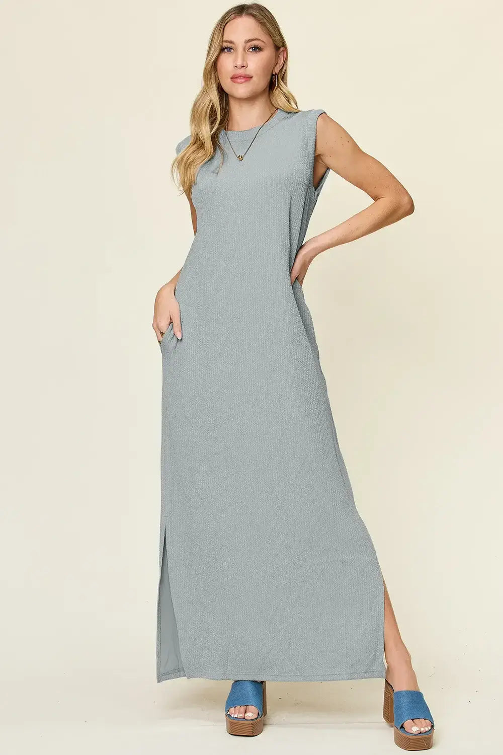 Double Take Full Size Texture Mock Neck Sleeveless Maxi Dress - Trendsi - Flyclothing LLC