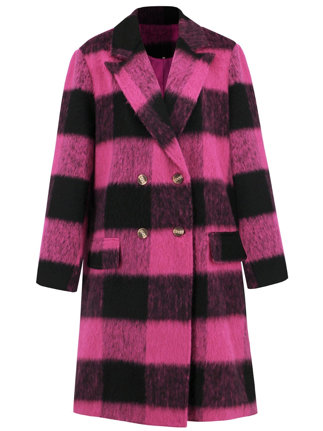 Plaid Double-Breasted Long Sleeve Coat - Trendsi