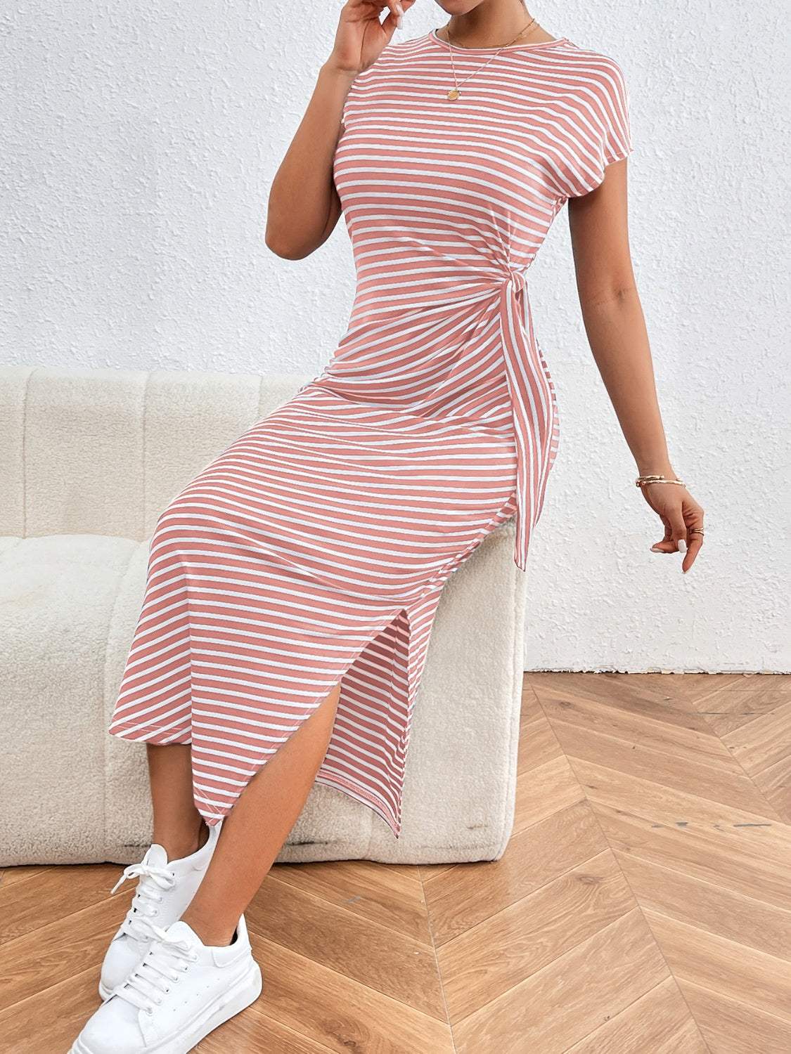 Tied Striped Round Neck Short Sleeve Tee Dress - Trendsi - Flyclothing LLC