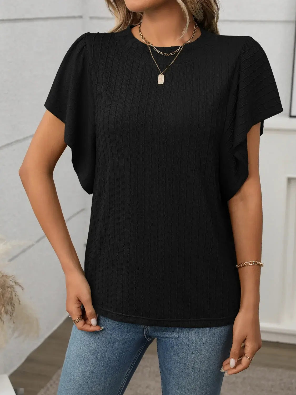 Round Neck Flutter Sleeve T-Shirt - Trendsi - Flyclothing LLC
