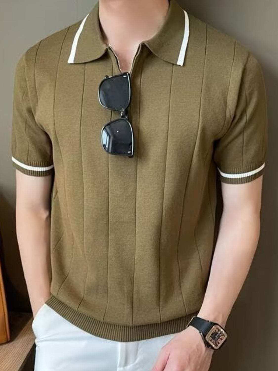 Men's Plus Size Quarter Zip Short Sleeve Polo - Trendsi - Flyclothing LLC