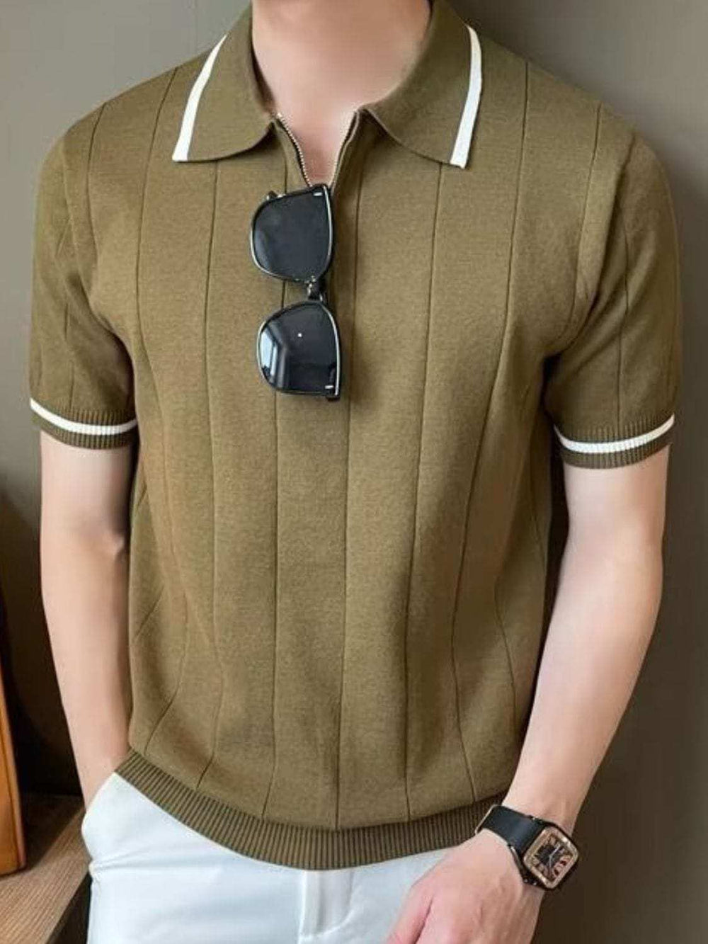 Men's Plus Size Quarter Zip Short Sleeve Polo - Trendsi - Flyclothing LLC