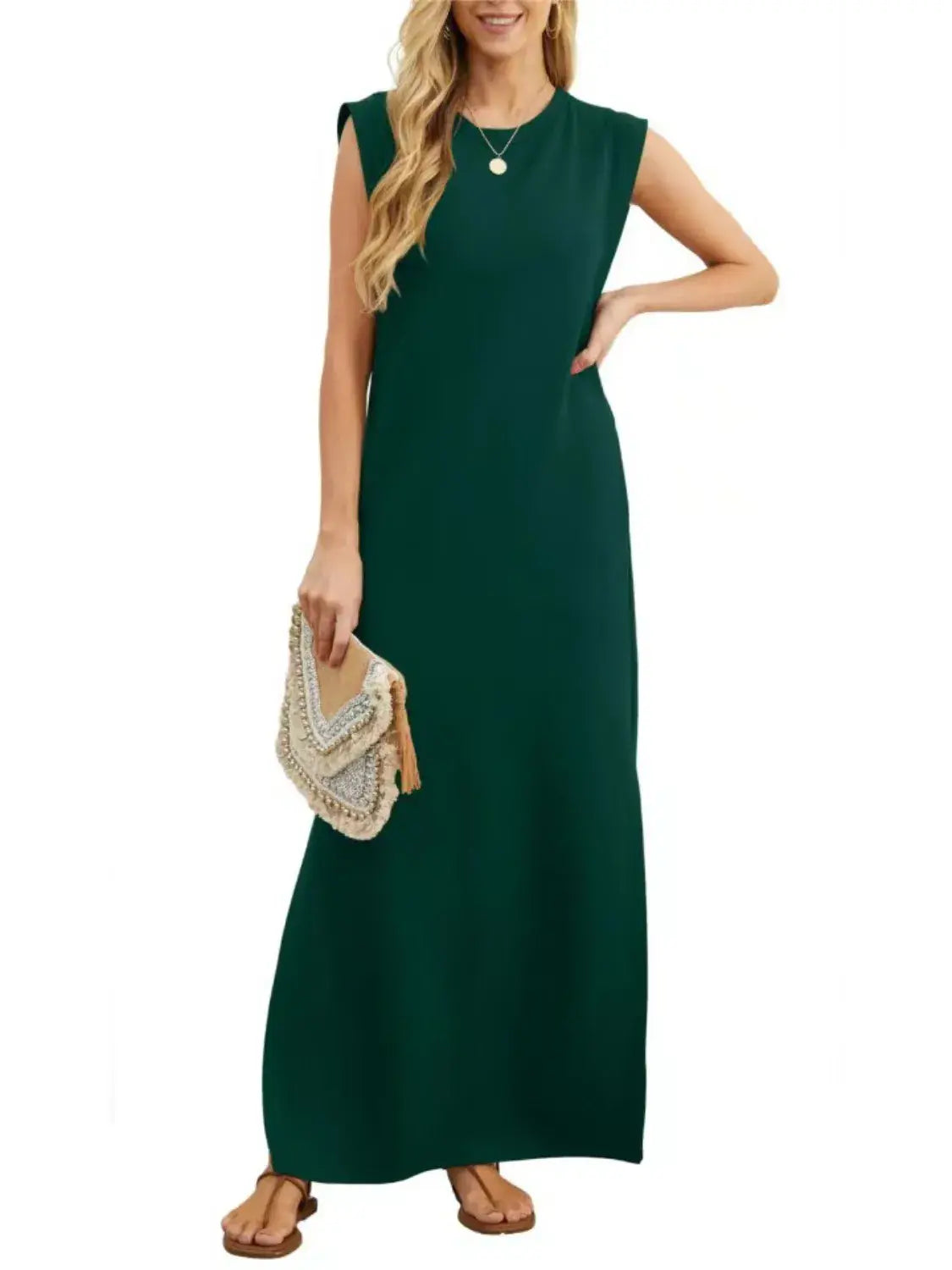 Full Size Slit Round Neck Sleeveless Maxi Tank Dress Plus Size - Trendsi - Flyclothing LLC