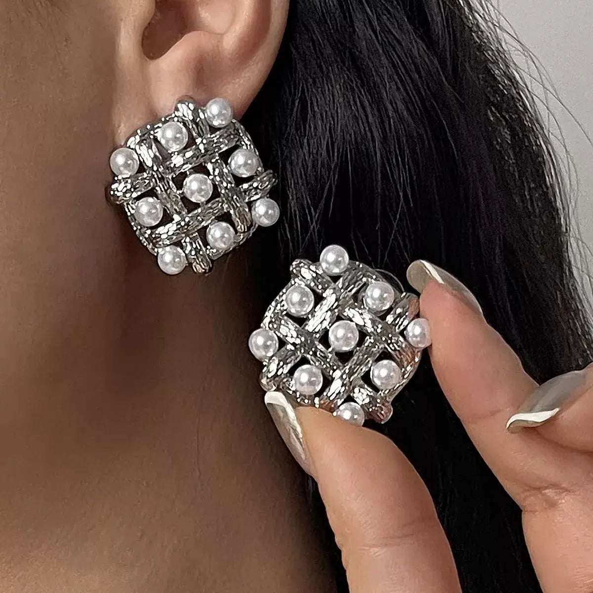 Pearl Grid Square Stud Earrings - Trendsi - Flyclothing LLC