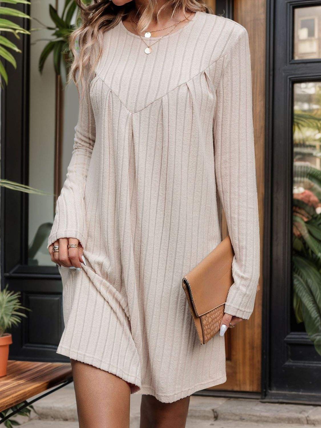 Round Neck Long Sleeve Mini Dress - Trendsi - Flyclothing LLC