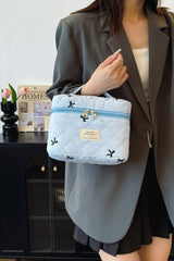 Bow Embroidered Quilted Storage Bag with Zip - Trendsi