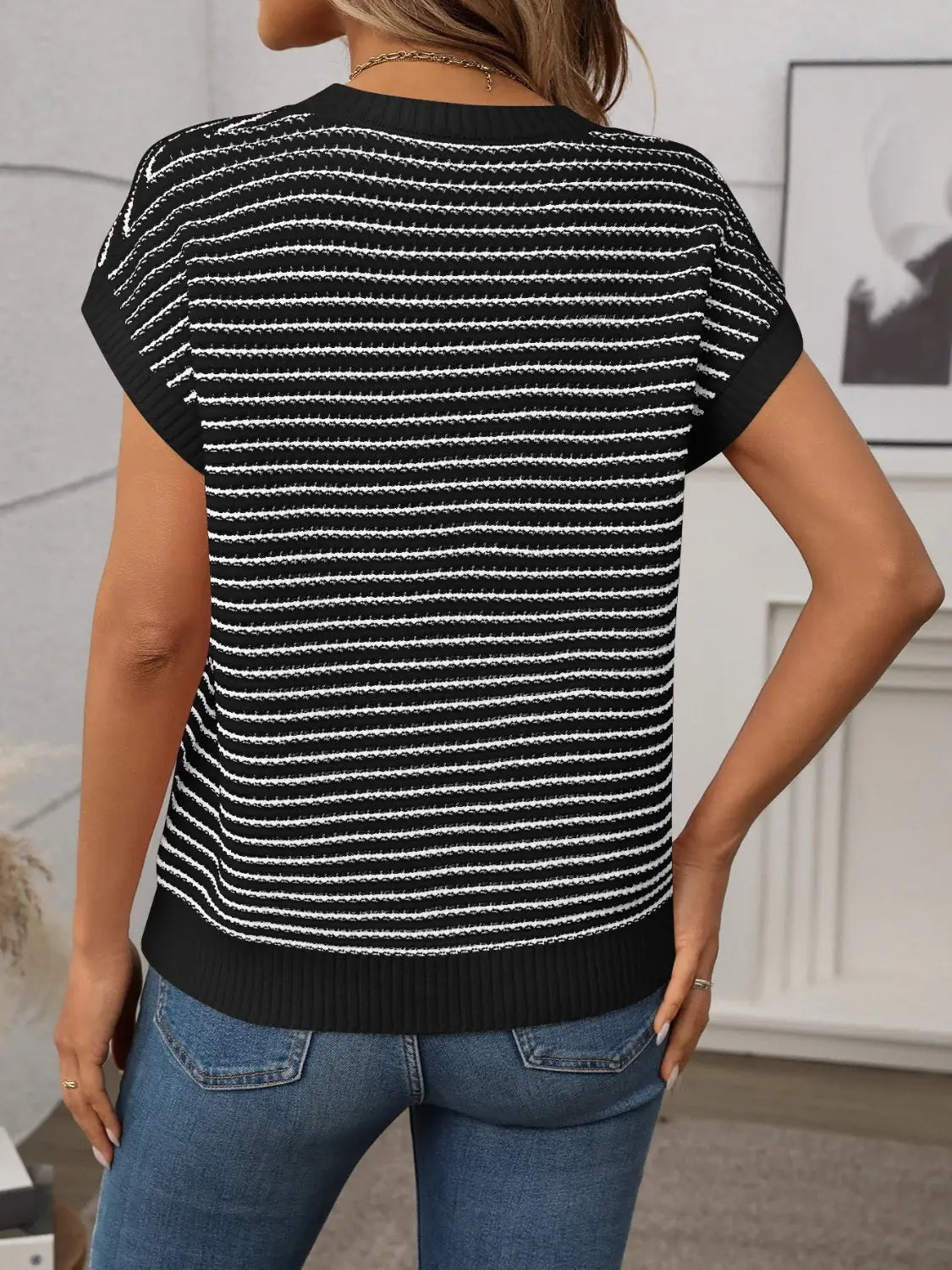 Striped Round Neck Short Sleeve Knit Top - Trendsi - Flyclothing LLC
