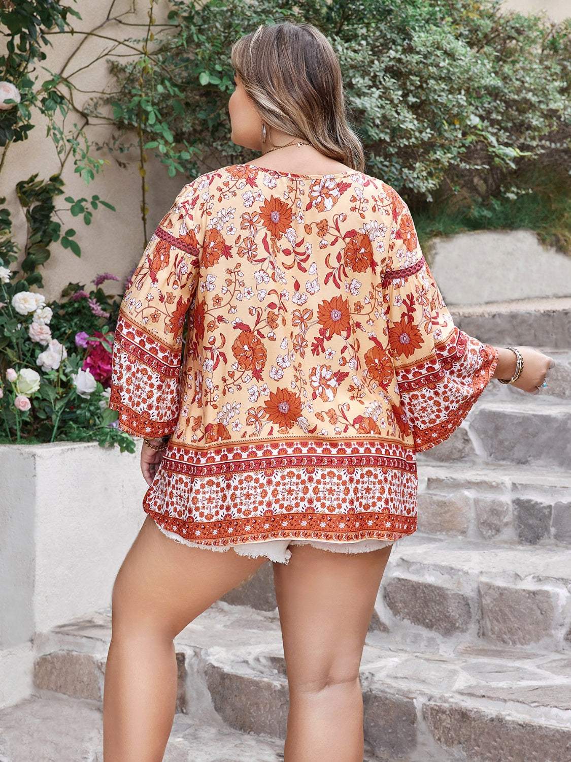 Plus Size Printed V-Neck Three-Quarter Sleeve Blouse - Trendsi - Flyclothing LLC