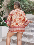 Plus Size Printed V-Neck Three-Quarter Sleeve Blouse - Trendsi - Flyclothing LLC