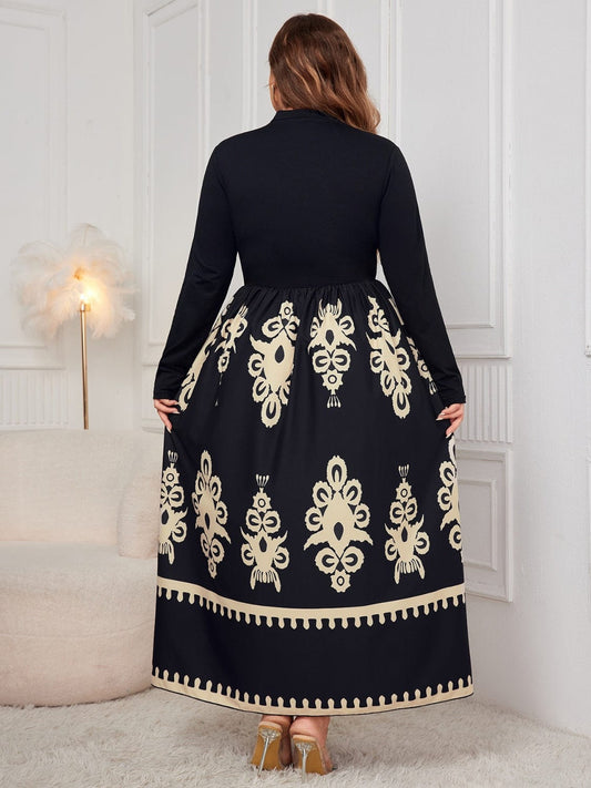 Plus Size Printed Mock Neck Long Sleeve Dress - Trendsi