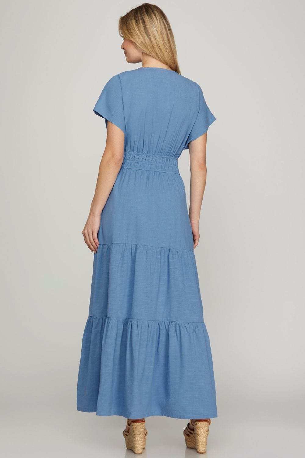 She + Sky Surplice Short Sleeve Tiered Maxi Dress With Pockets - Trendsi - Flyclothing LLC