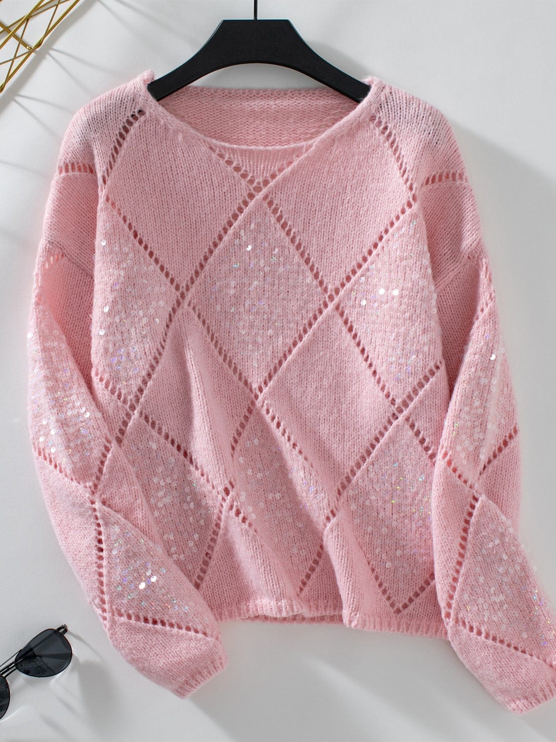Openwork Round Neck Long Sleeve Knit Top - Trendsi