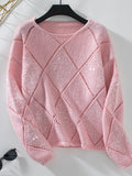 Openwork Round Neck Long Sleeve Knit Top - Trendsi