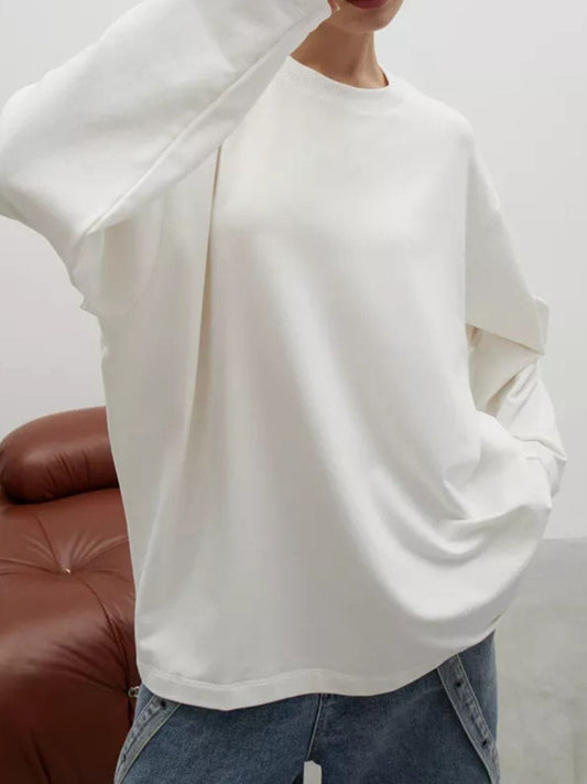 Round Neck Dropped Shoulder Long Sleeve T-Shirt - Trendsi