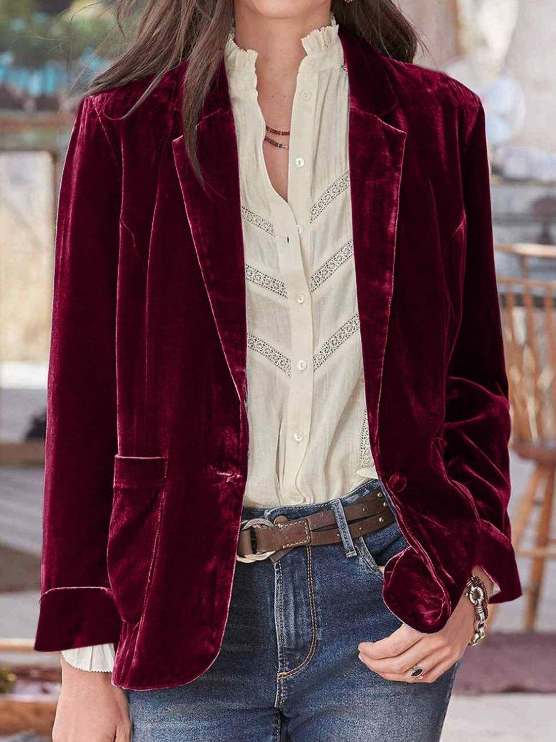 Pocketed Button Up Lapel Collar Blazer - Trendsi - Flyclothing LLC