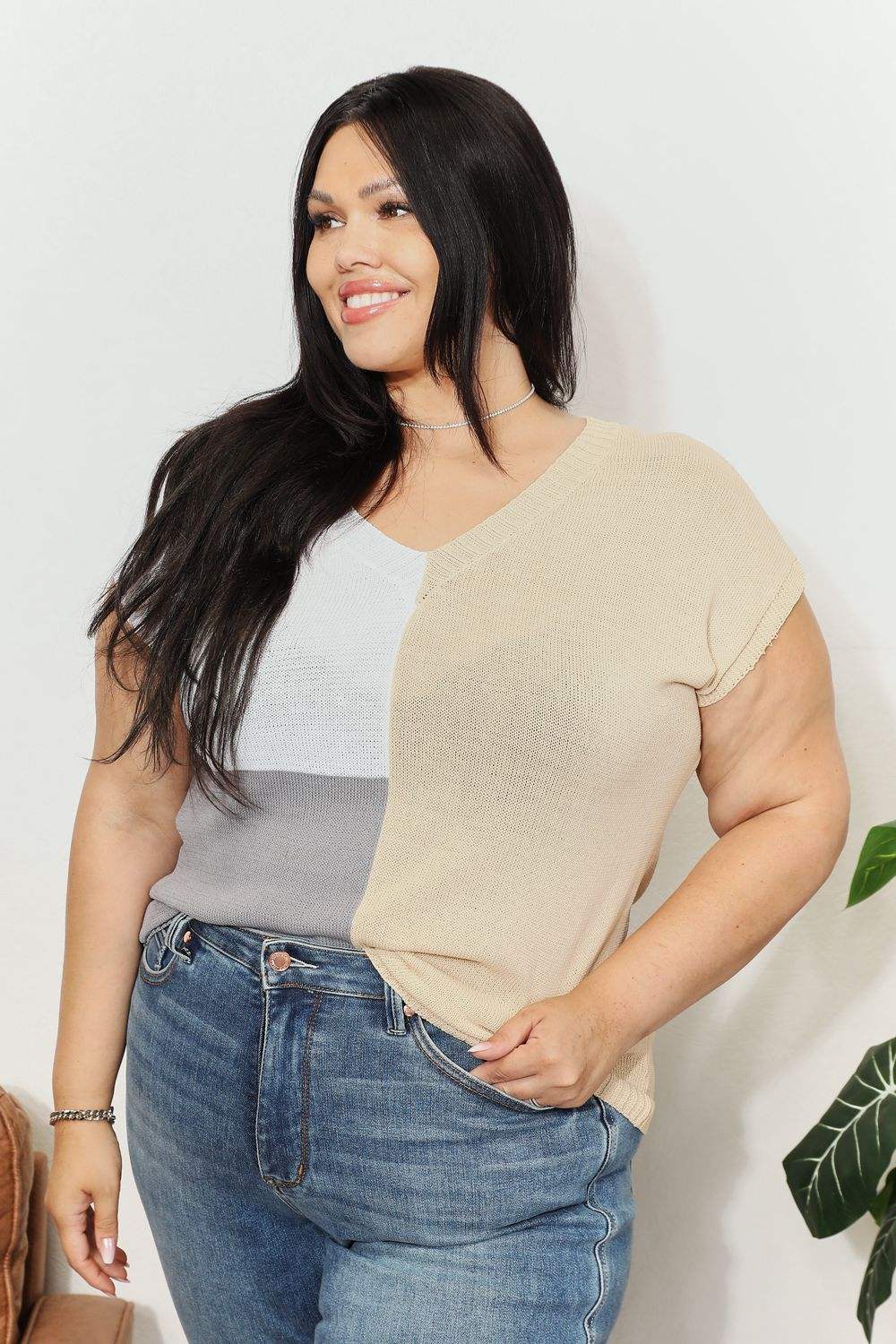 Color Block V-Neck Knit Top - Trendsi - Flyclothing LLC