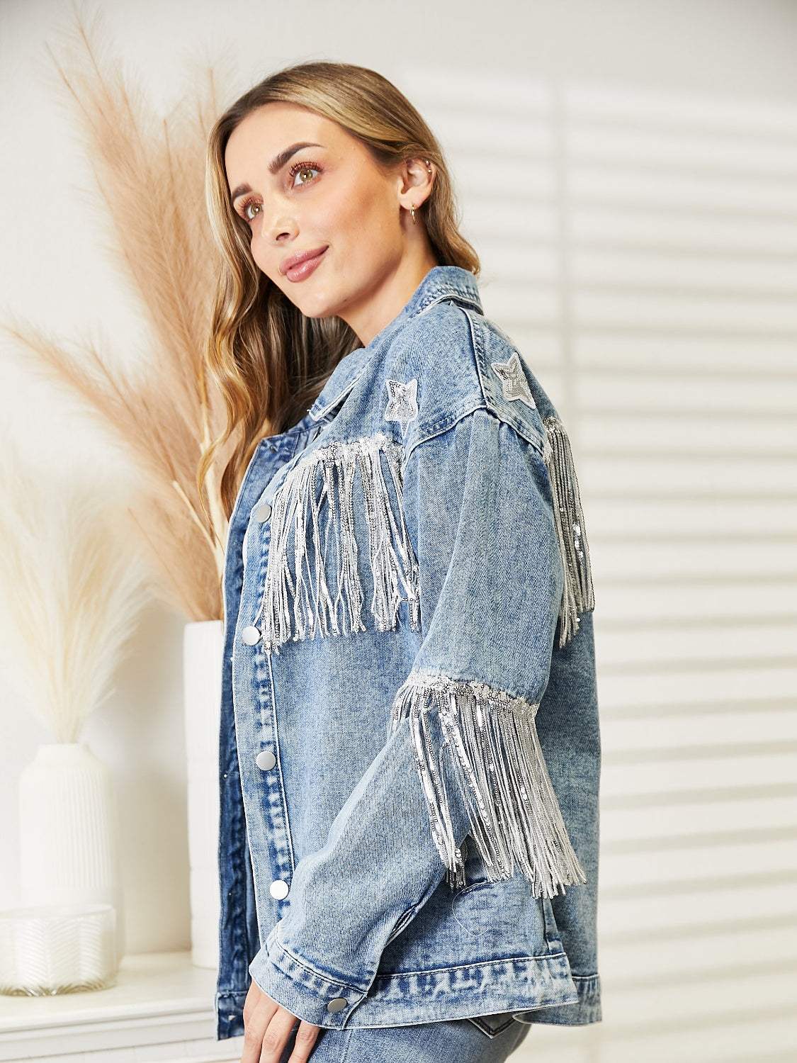 Fringe Detail Long Sleeve Denim Jacket - Trendsi - Flyclothing LLC