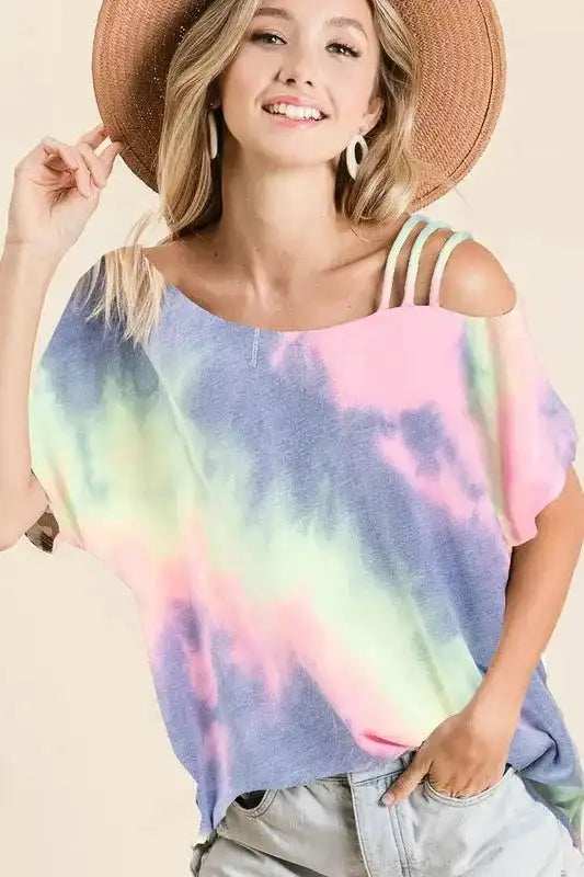 BiBi Tie Dye French Terry Strapped One Shoulder Top - Trendsi - Flyclothing LLC